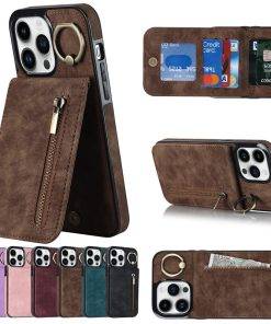 RFID Leather iPhone 15 Pro Max Case Kickstand Card Slots iPhone Wallet Case
