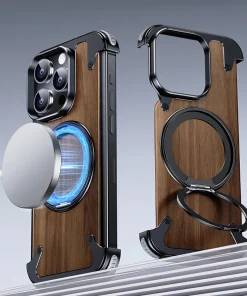 MagSafe Ring Stand Air Cushion Walnut Wood iPhone 16 Pro Max Back Case Cover