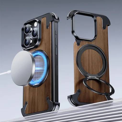 MagSafe Ring Stand Air Cushion Walnut Wood iPhone 16 Pro Max Back Case Cover