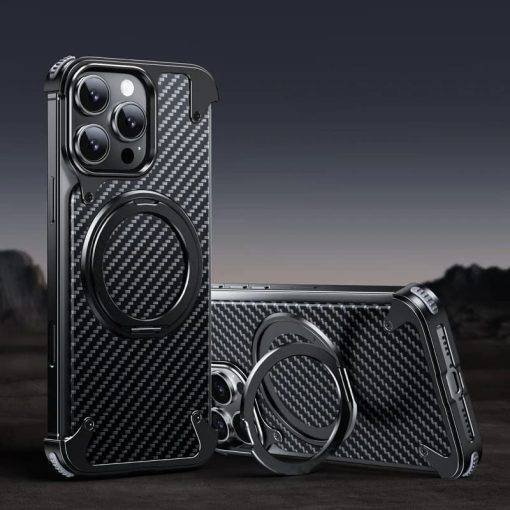 MagSafe Pivot Ring Stand Air Cushion Carbon Fiber iPhone Case Cover - Image 2