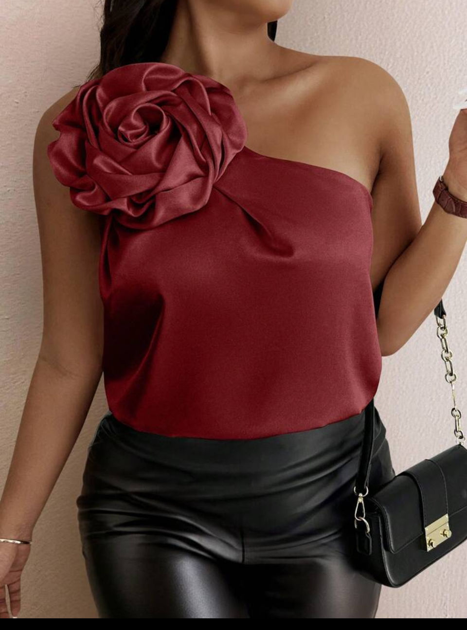 Lazuda red Celure Plus Size Solid Color Applique Asymmetric Collar Sleeveless Shirt One Shoulder Top (Copy) Image