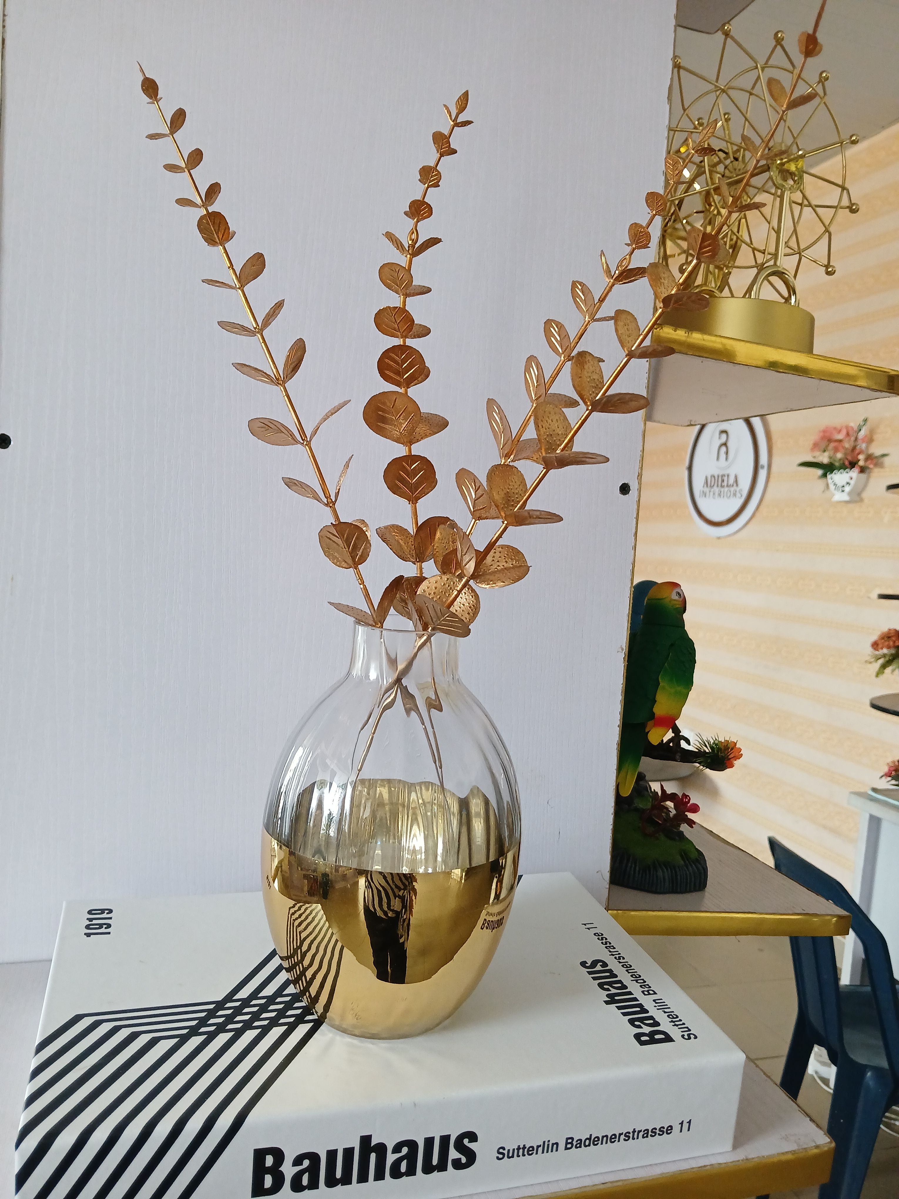 Clear + Gold Vase + Gold Eucalyptus Stalks Image