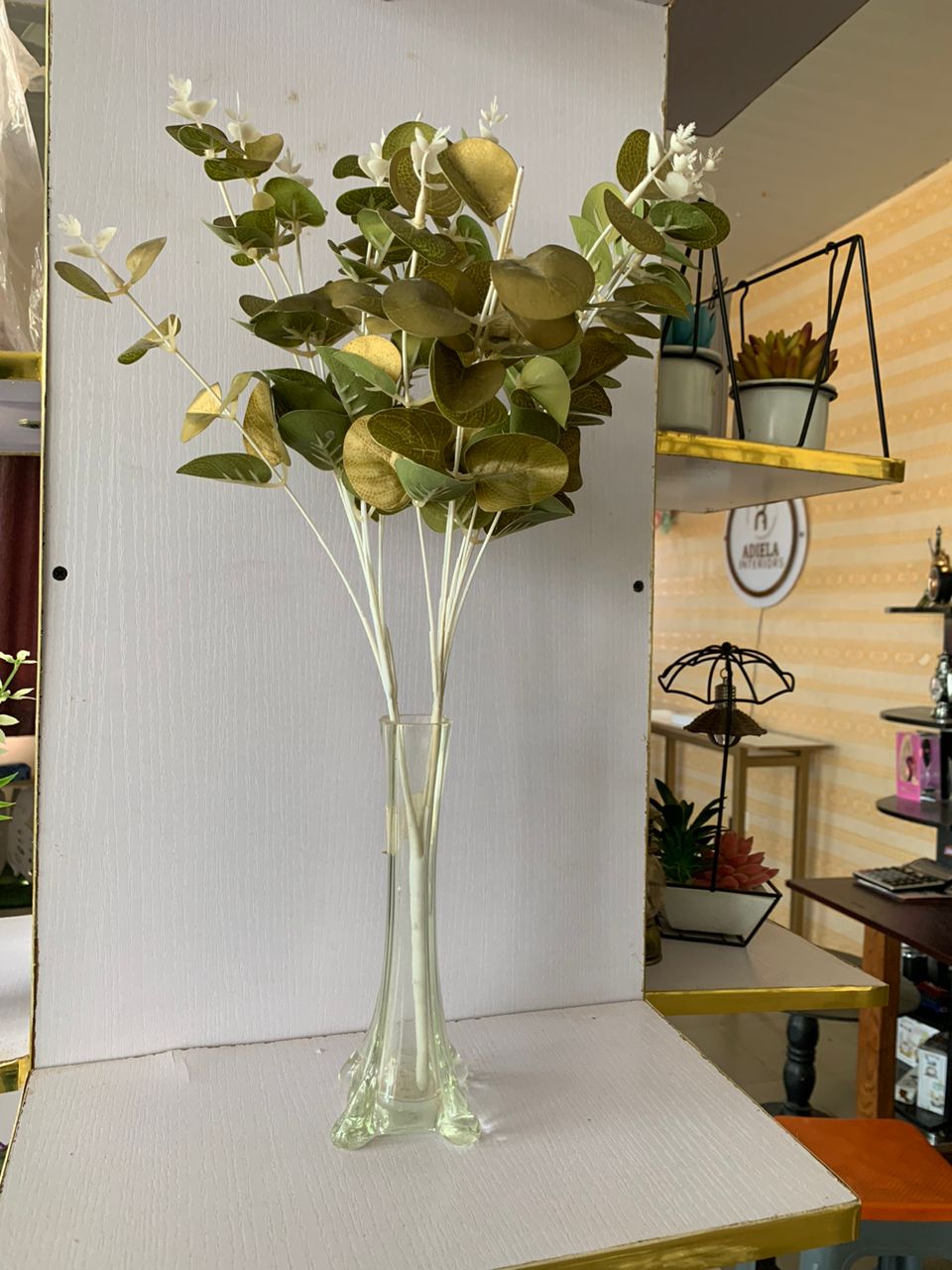 Artificial Eucalyptus Flower In Glass Vase Image