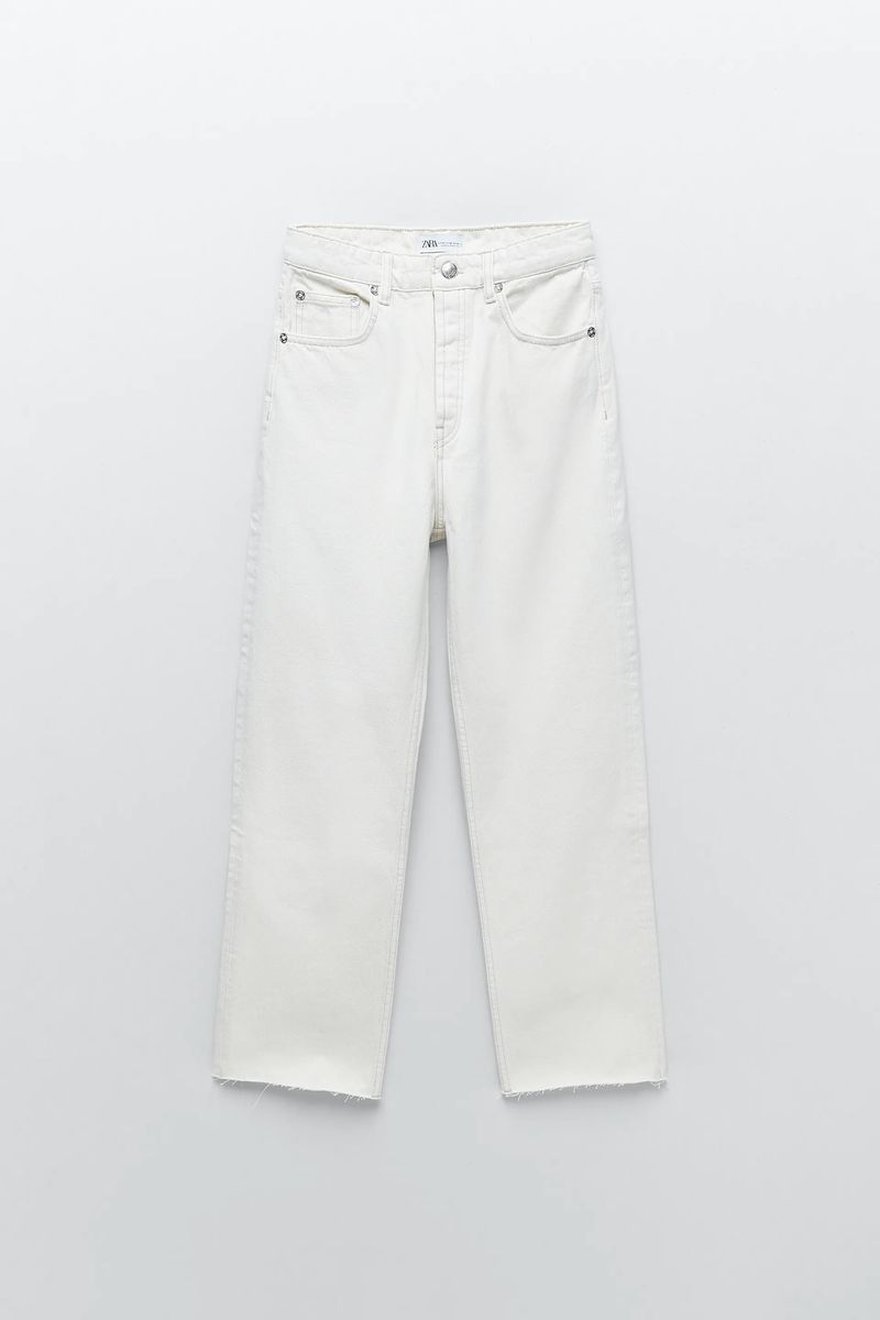 Storey - Zara - Hi-Rise Straight Leg Jeans High-waisted straight leg jeans  with five pockets. Washed effect and unfinished hem. Ripped detail. Front  button closure. - Size: 29 / 8 (US) 