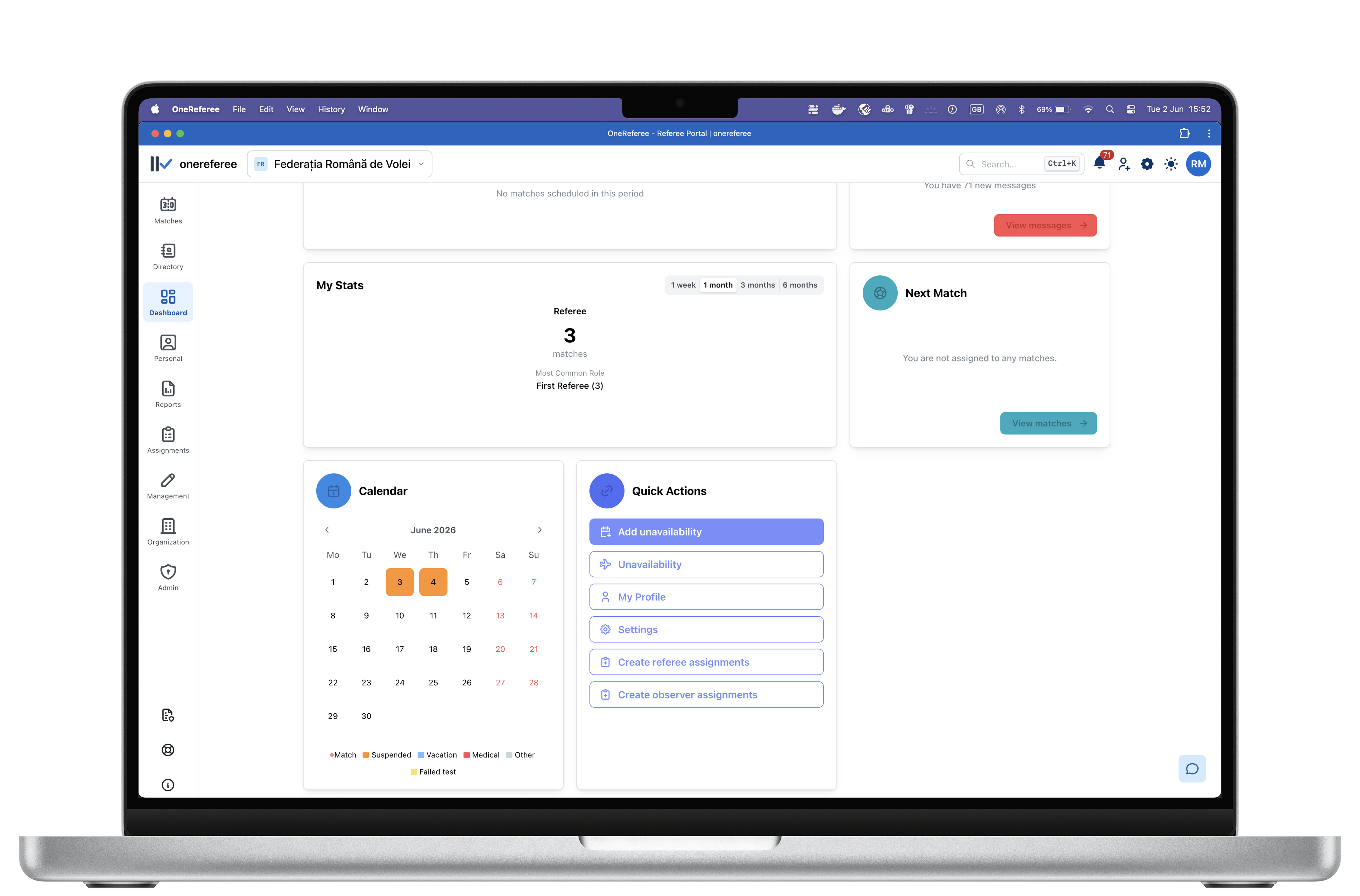 OneReferee referee management software dashboard showing referee scheduling, assignment, and match official management features
