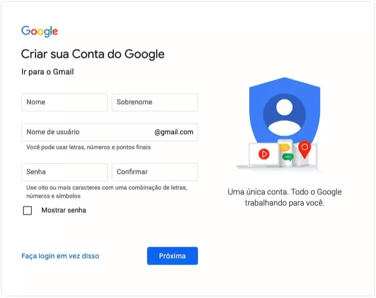 Formulário de cadastro do Gmail Formulário para criar conta do Google