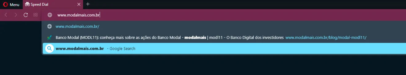 Barra de endere&ccedil;o preenchida com site do Modalmais