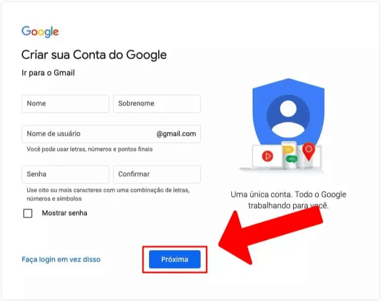 Formulário completo cadastro Gmail Formulário com botão de próxima em evidência