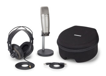 C01U Pro Pack Family showing mic on stand, headphones, USB cable and carry case