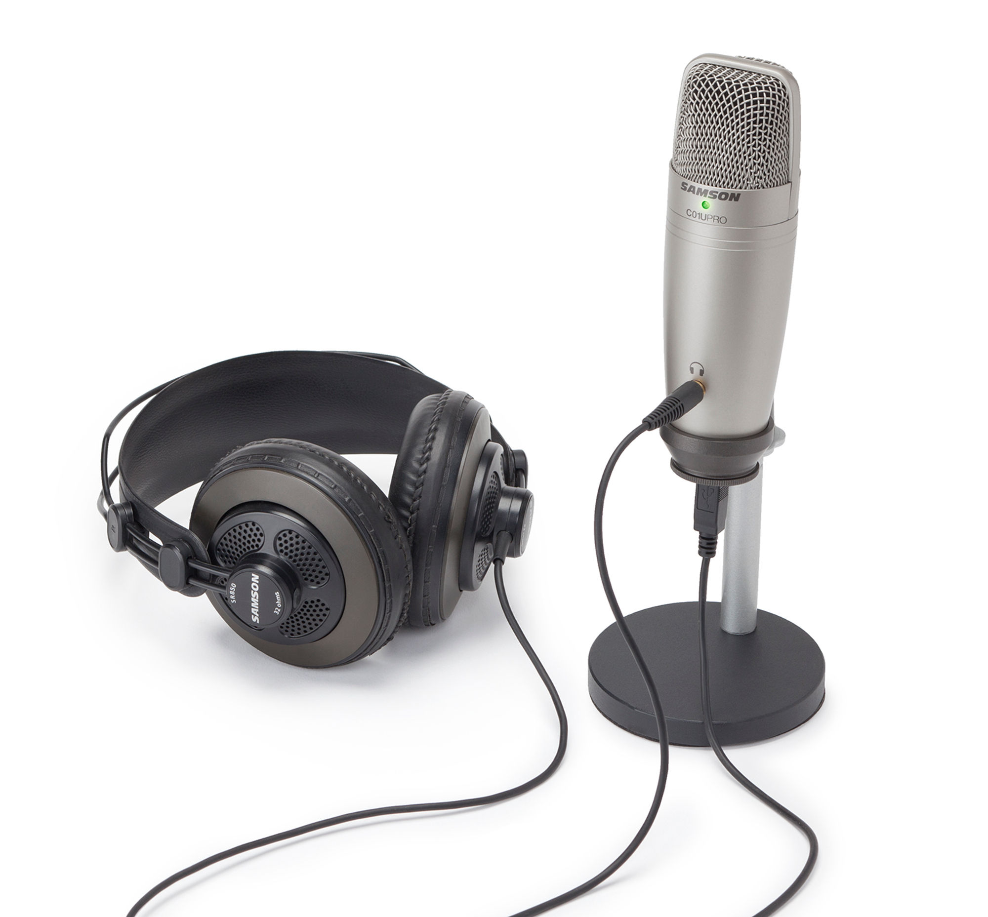 C01U Pro showing mic on stand and headphones