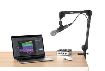 MAB26 Mic Stand clamped to desk with other audio gear