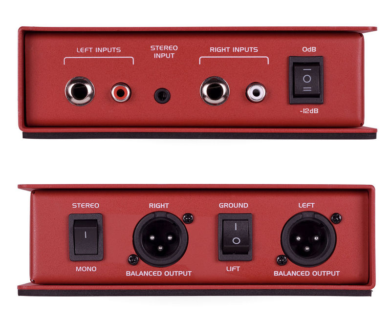 MCD2 Pro side panels showing input and output jacks, ground lift, stereo/mono and attenuator switches