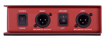 MCD2 Pro side view showing XLR outputs, stereo/mono and ground lift switches