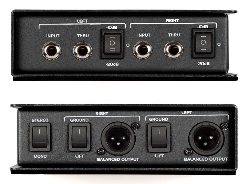MD2 Pro side panels showing input, thru and output jacks, and  attenuator, ground lift, and stereo/mono switches