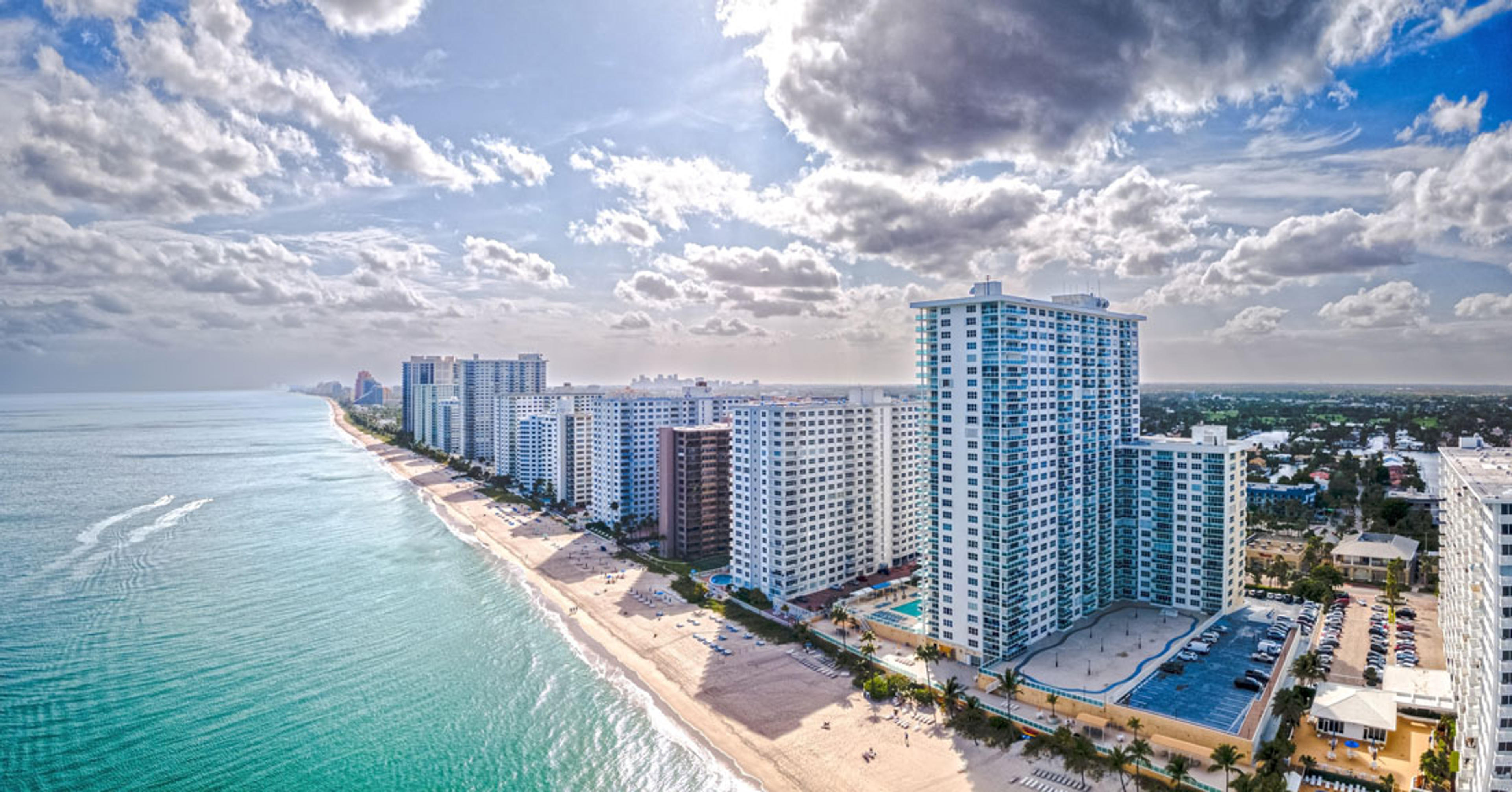 Aerial drone panorama of city with beach in Fort Lauderdale, Florida