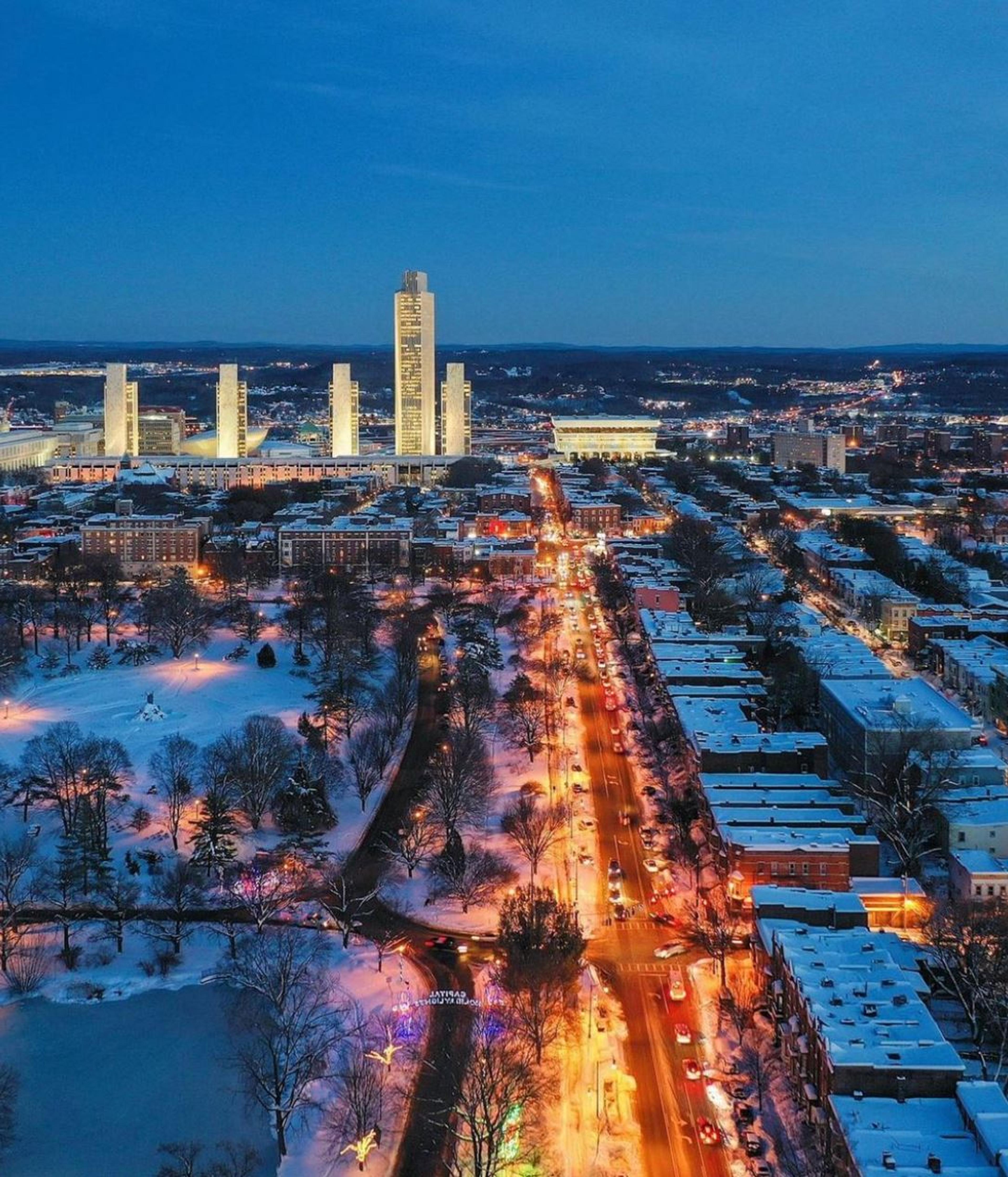 Skyline of Albany, NY and Washington Park in Winter