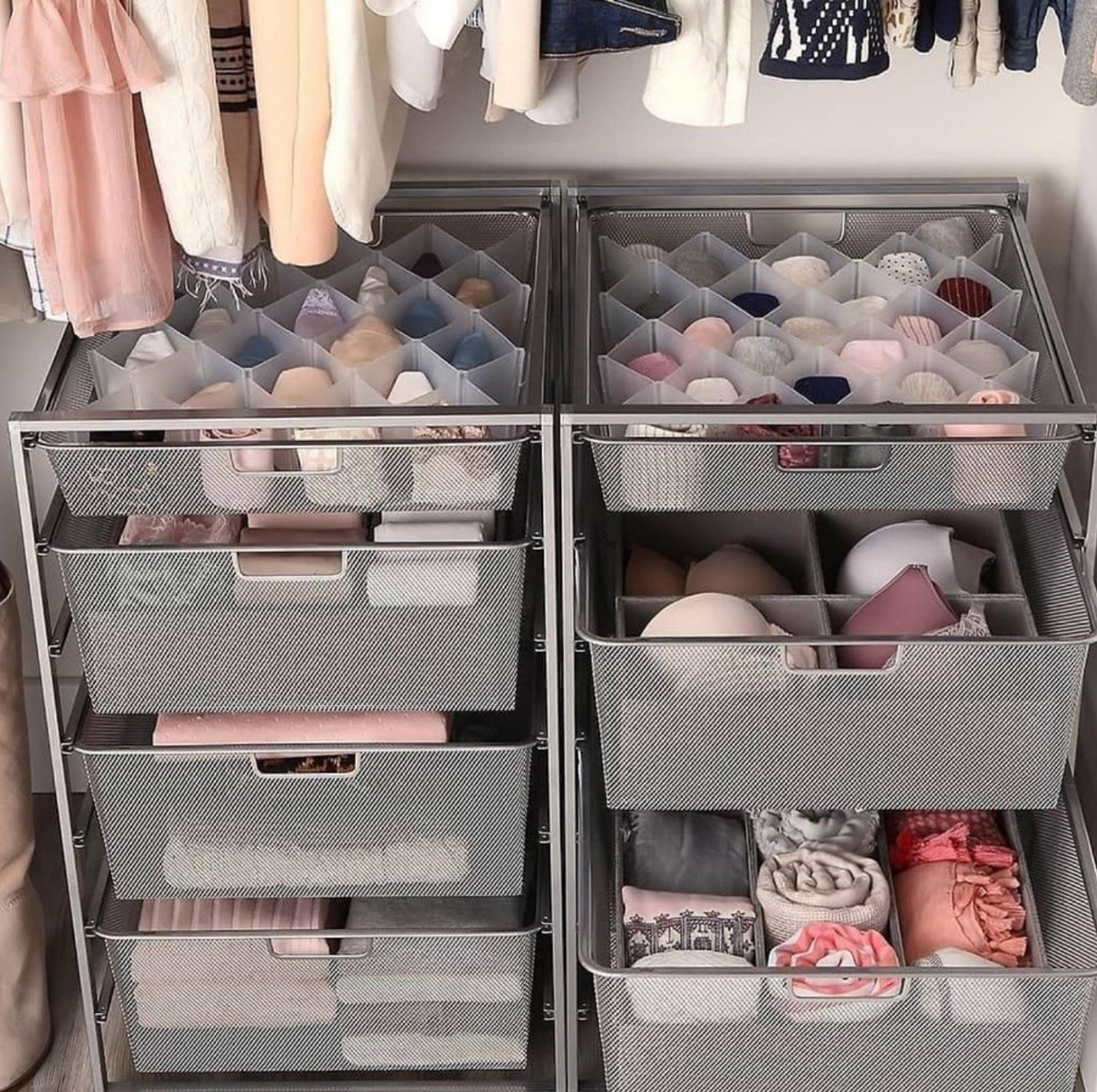 Pull-out bins used to declutter a closet