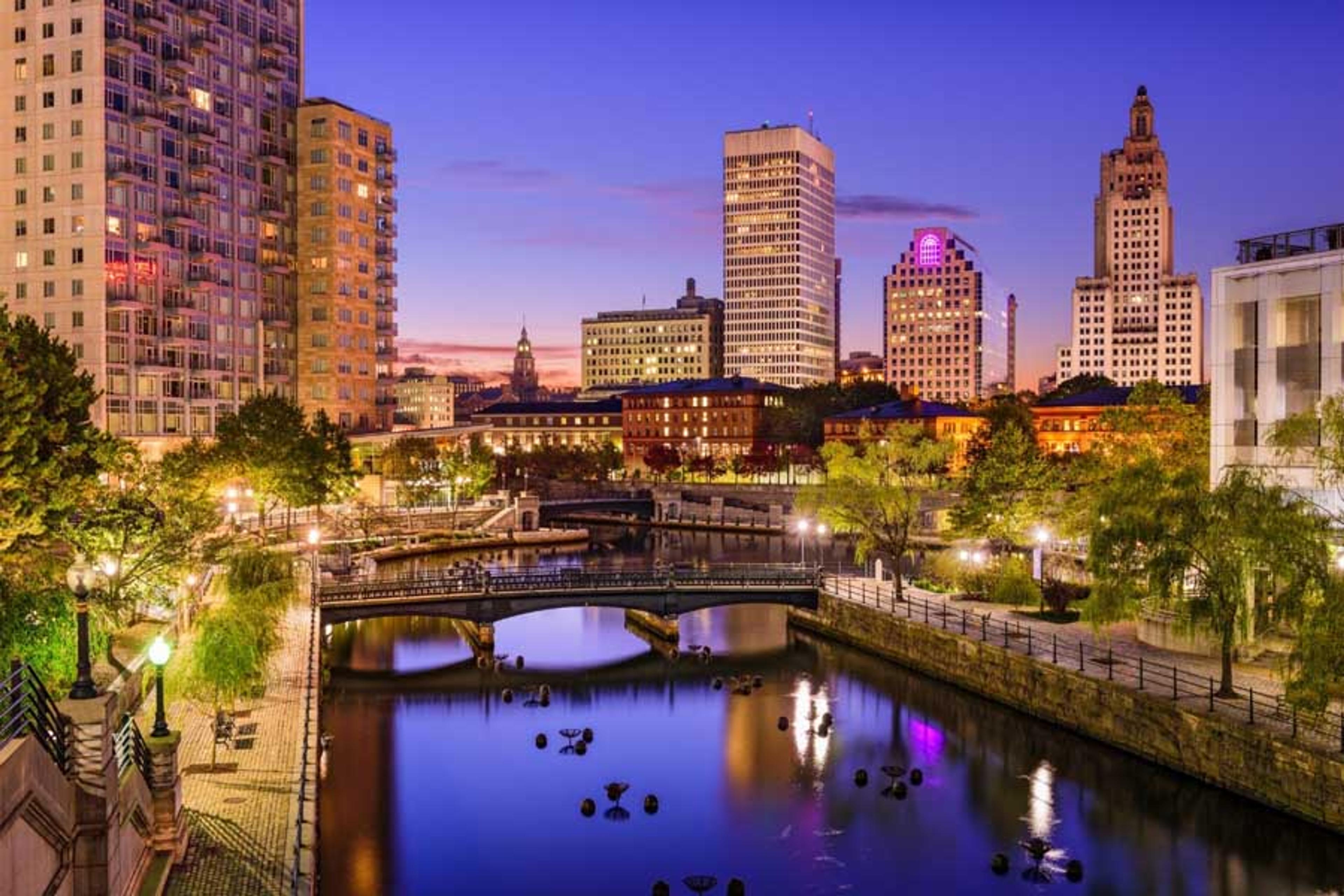 Evening cityscape view of Rhode Island