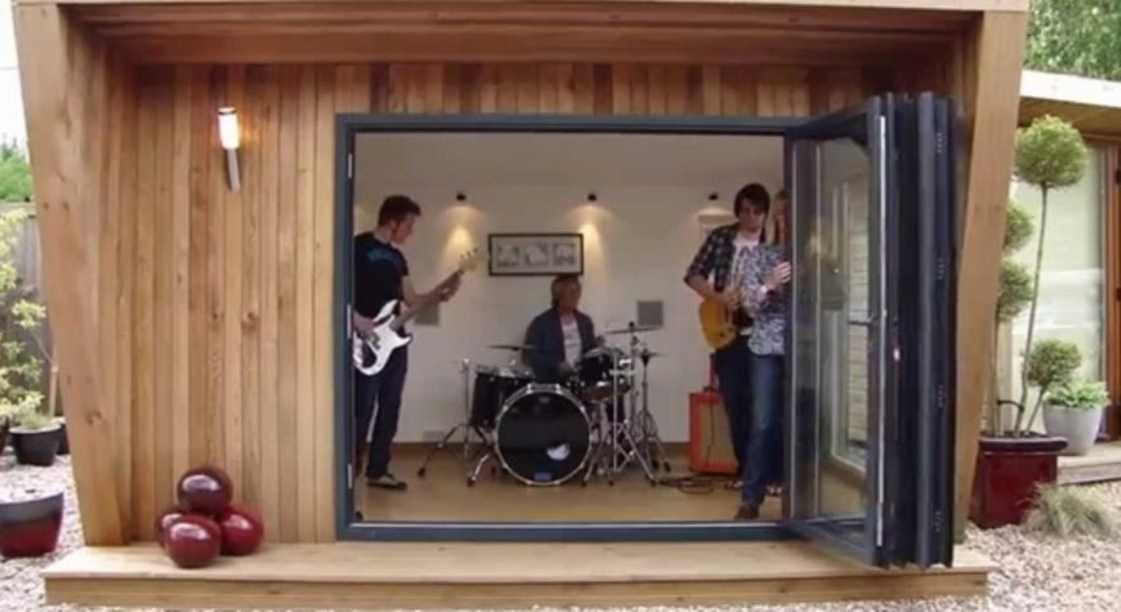 Band practicing in a sound proof shed
