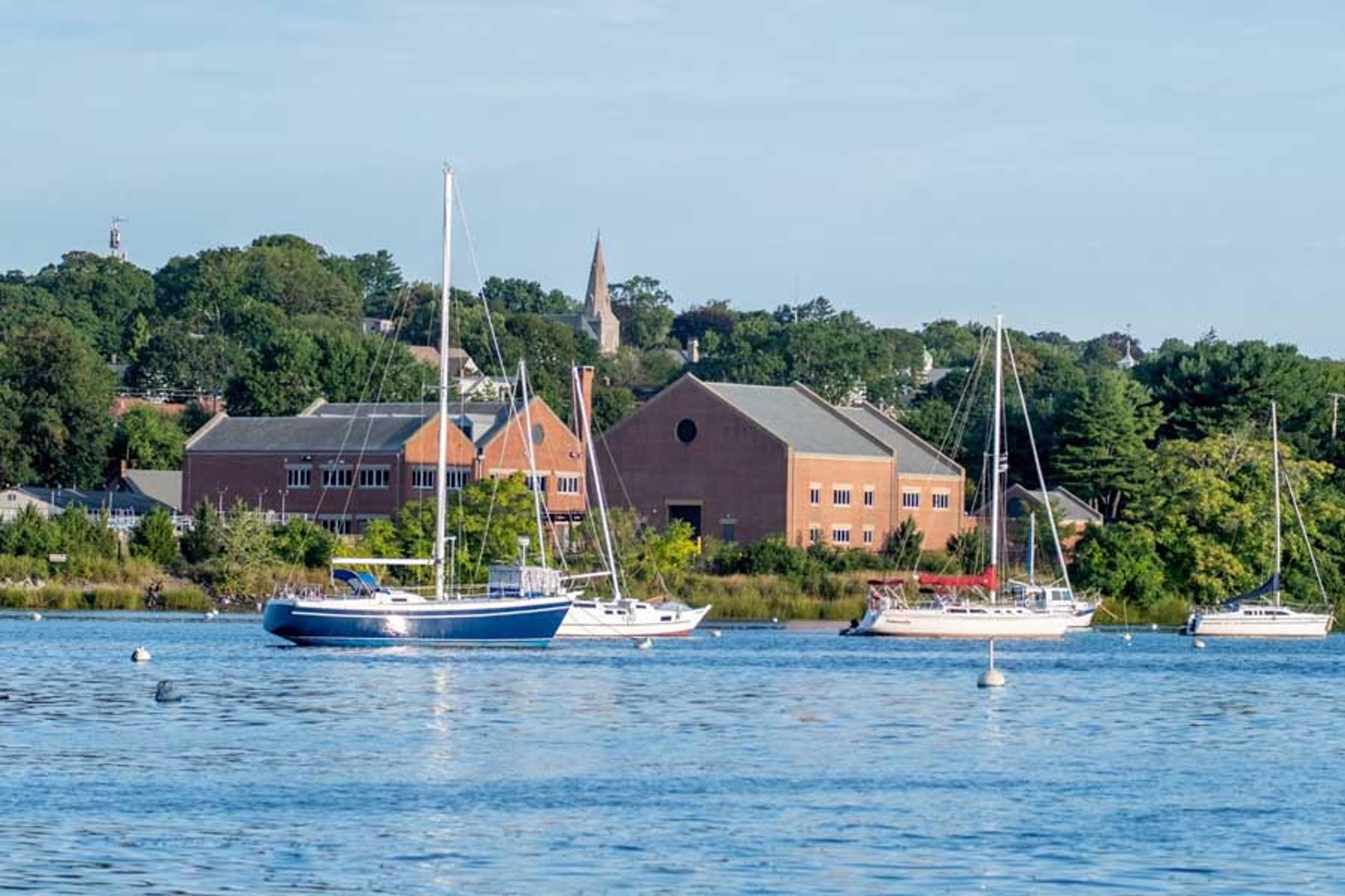 View from offshore of a waterfront Rhode Island town