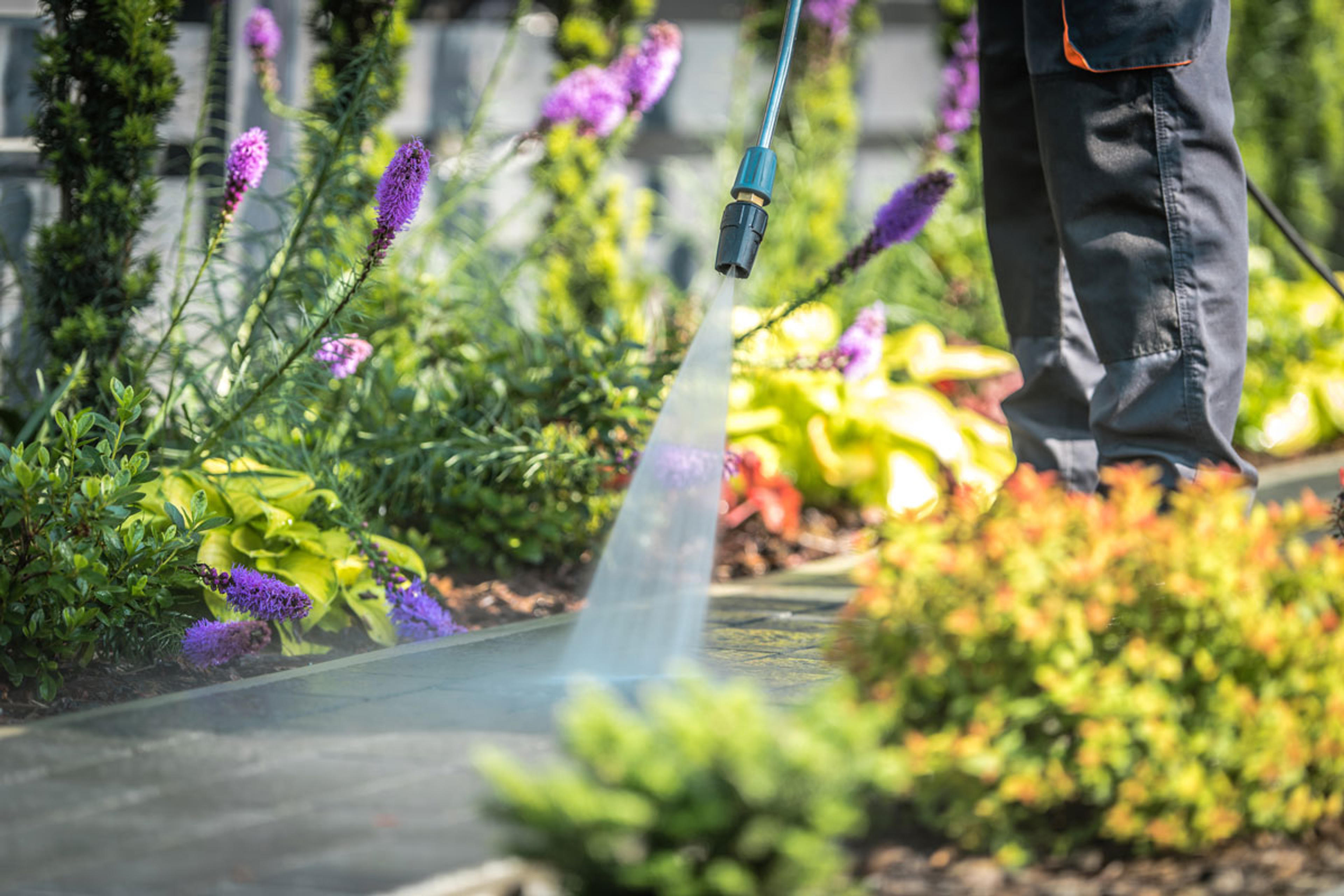 Person power washing garden paths