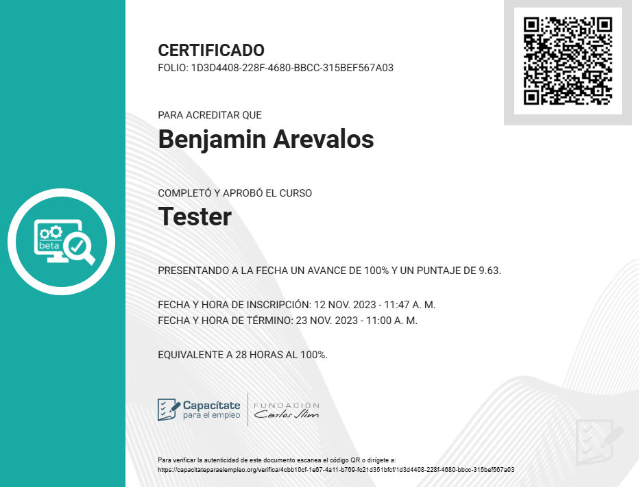 Certificado de Tester
