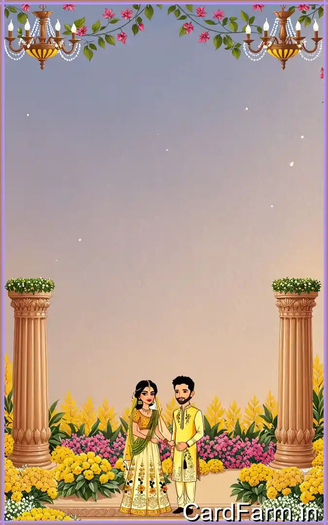 Haldi invitation card page for an Indian wedding with cartoon couple on a decorative background. In a vibrant style.