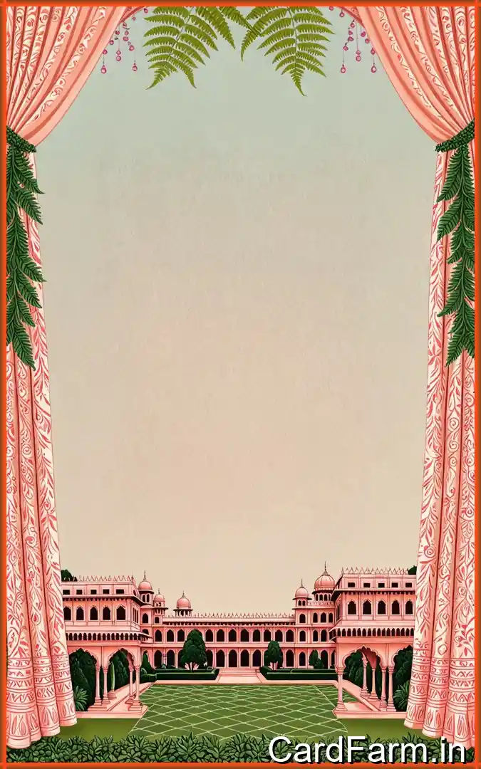 A beautifully designed Indian wedding invitation background with ferns, petals, fountains and decorative background. In a vibrant style.