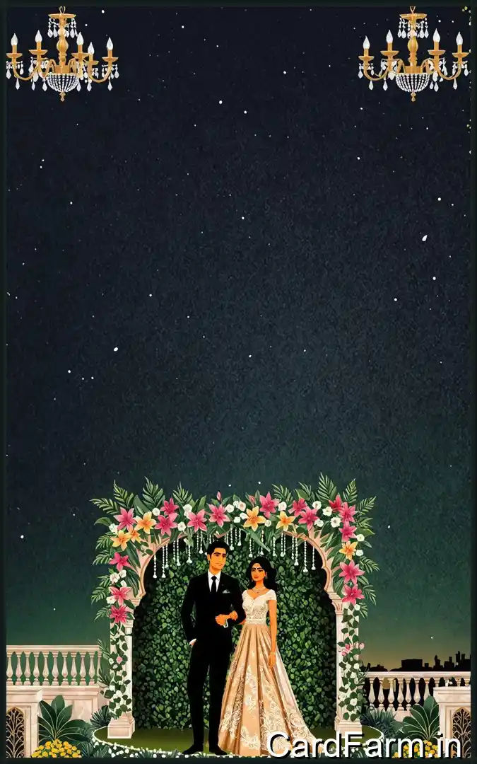 Wedding reception invitation card page of a wedding Invitation template. Night time view with flowers, lights, fountains, mountains on a decorative background. In a vibrant style.