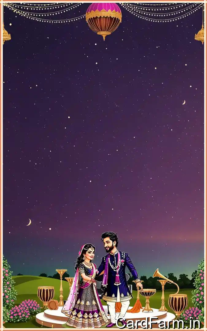 Sangeet ceremony invitation page with night time view with flowers, guitars, tablas on a beautiful starry background. In a vibrant style.