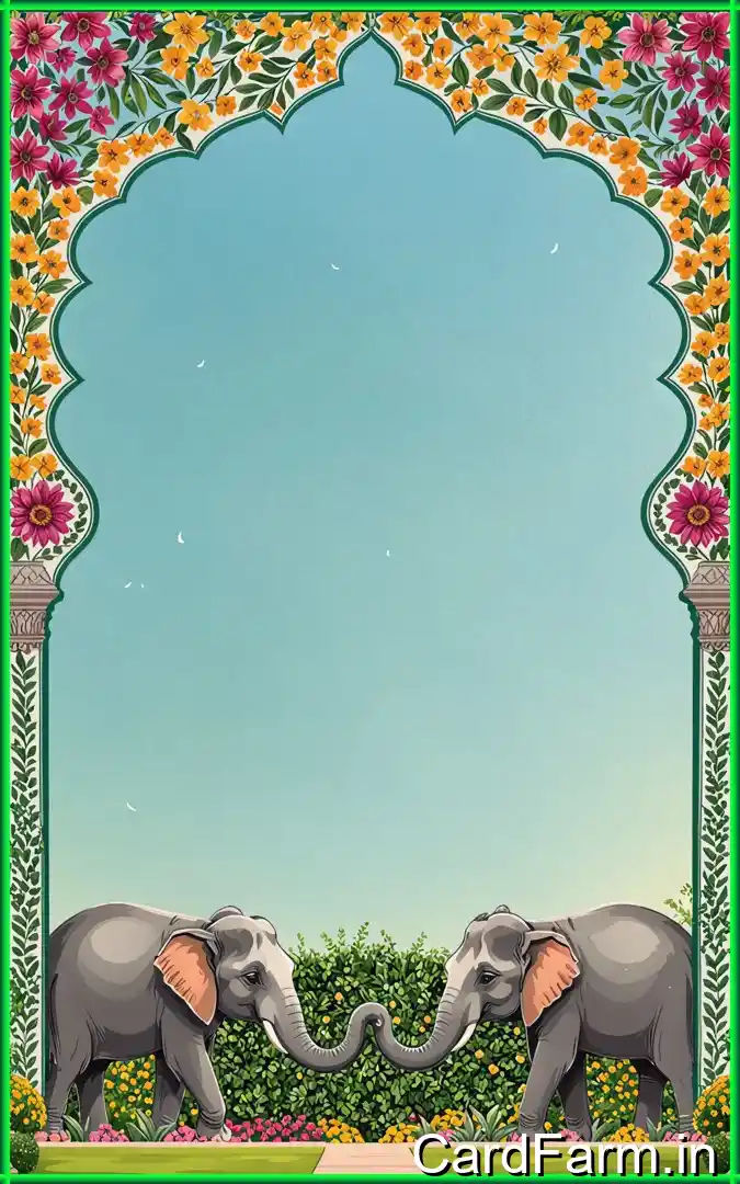 Beautifully designed caricature wedding invitation with archway, elephants, peacocks with a clear sky. In a vibrant style.