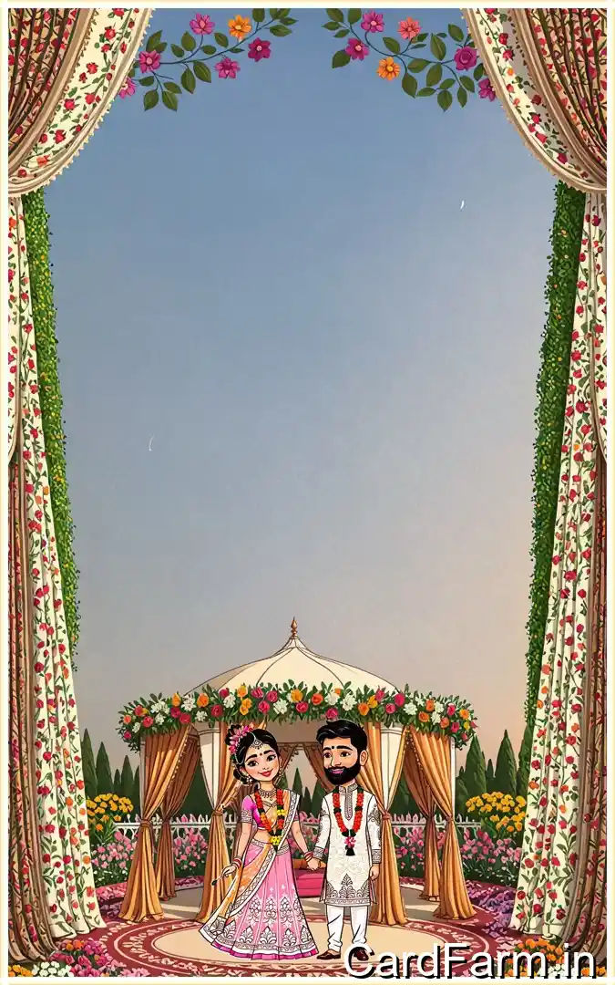 A beautifully designed Indian wedding invitation background with flowers, lights, butterflies on a decorative background. In a vibrant style.