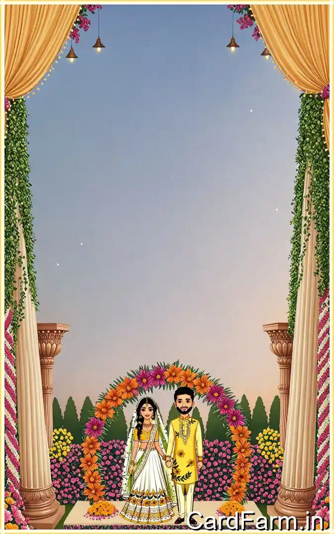 Haldi invitation card page for an Indian wedding with cartoon couple on a decorative background. In a vibrant style.