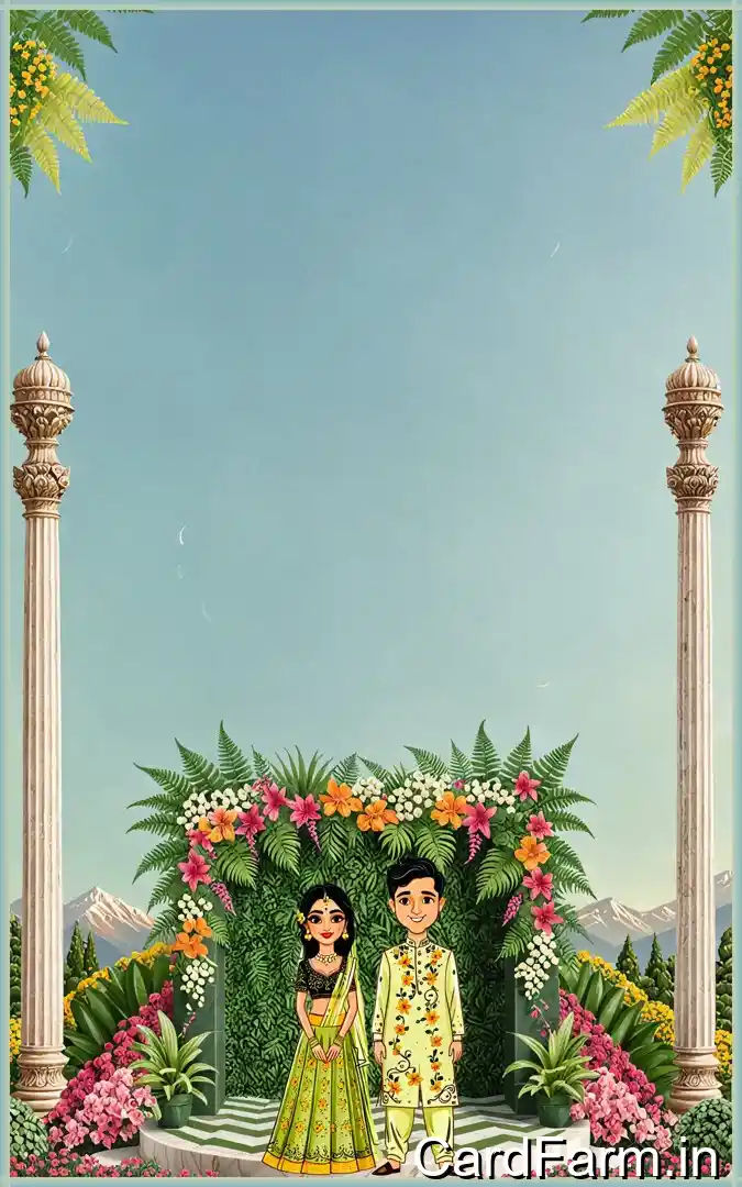 Haldi invitation card page for an Indian wedding with cartoon couple on a decorative background. In a vibrant style.
