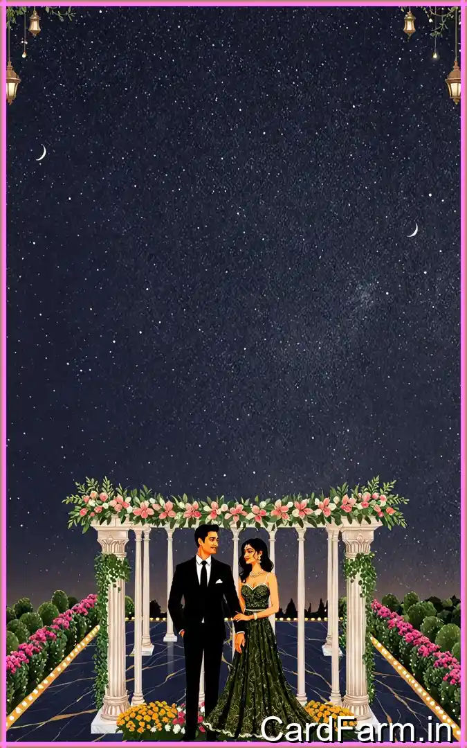 Wedding reception invitation card page of a wedding Invitation template. Night time view with flowers, lights, fountains, mountains on a decorative background. In a vibrant style.