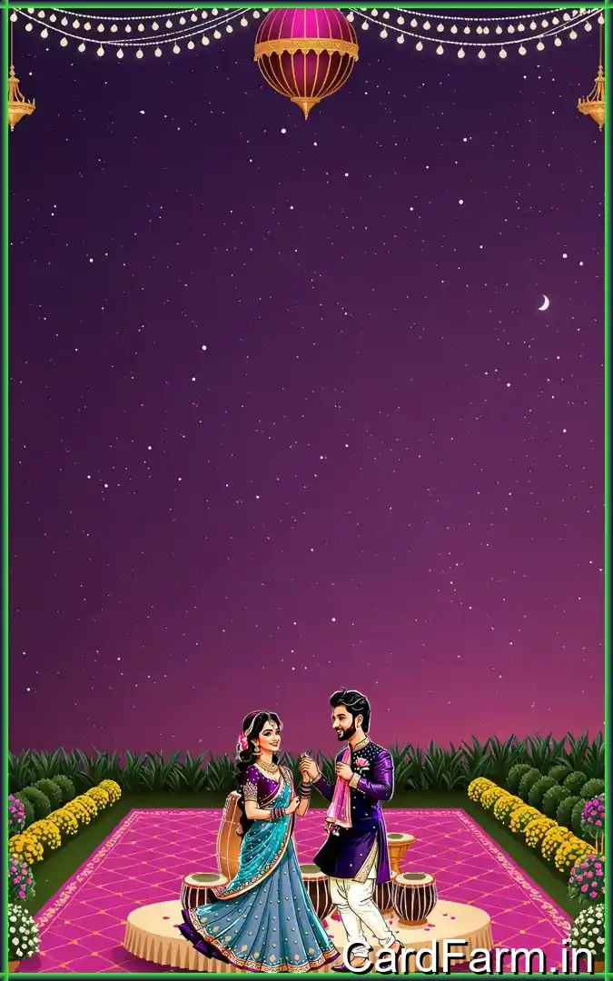 Sangeet ceremony invitation page with night time view with flowers, guitars, tablas on a beautiful starry background. In a vibrant style.