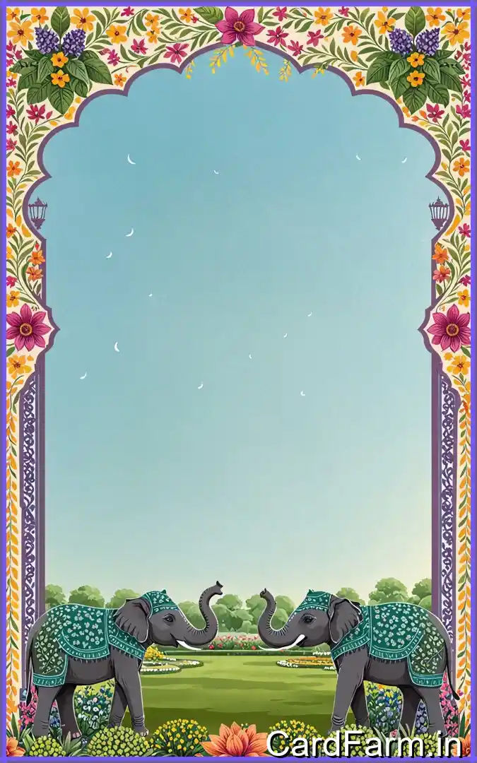 Beautifully designed caricature wedding invitation with archway, elephants, peacocks with a clear sky. In a vibrant style.