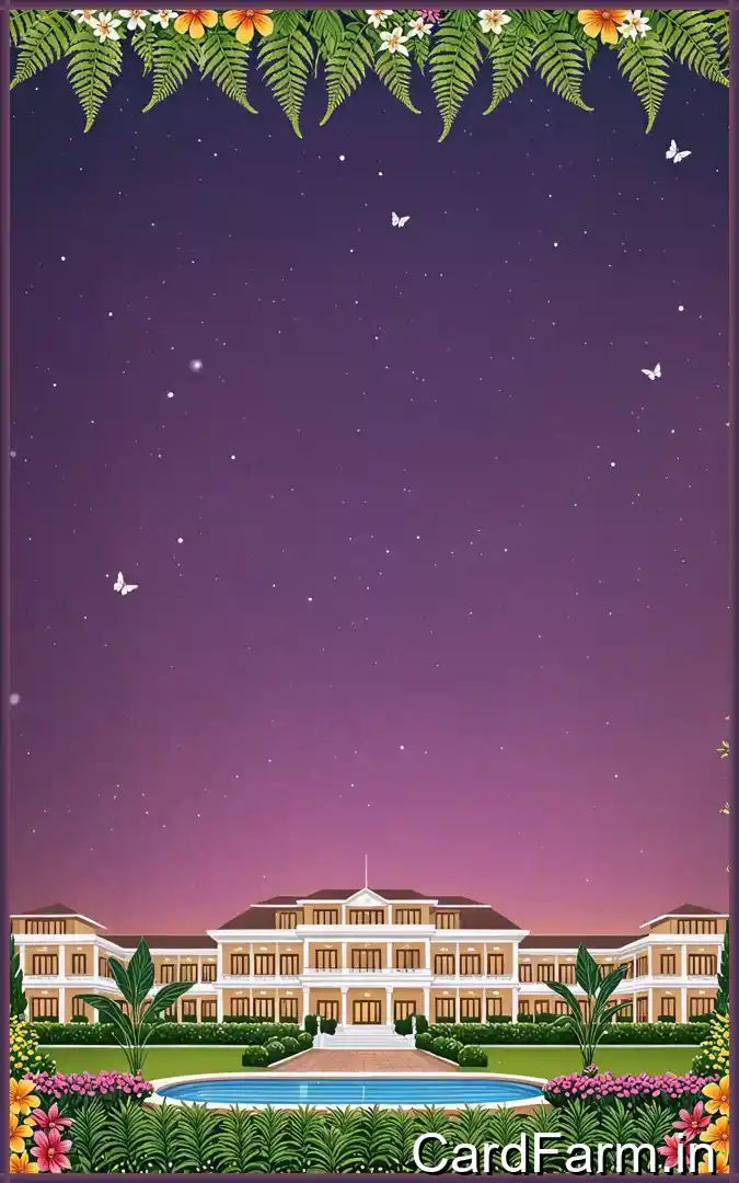 RSVP page of wedding invitation. Scenic background with flowers, butterflies, fountains, mountains with a clear sky. In a vibrant style.