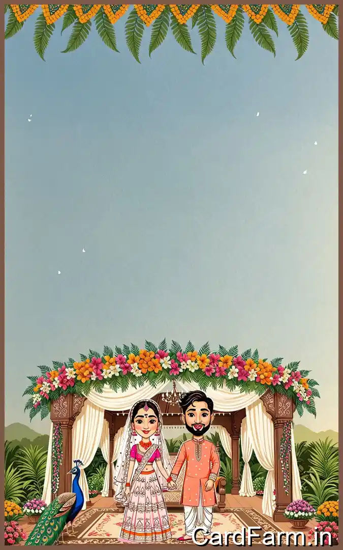 A beautifully designed Indian wedding invitation background with flowers, lights, butterflies on a decorative background. In a vibrant style.