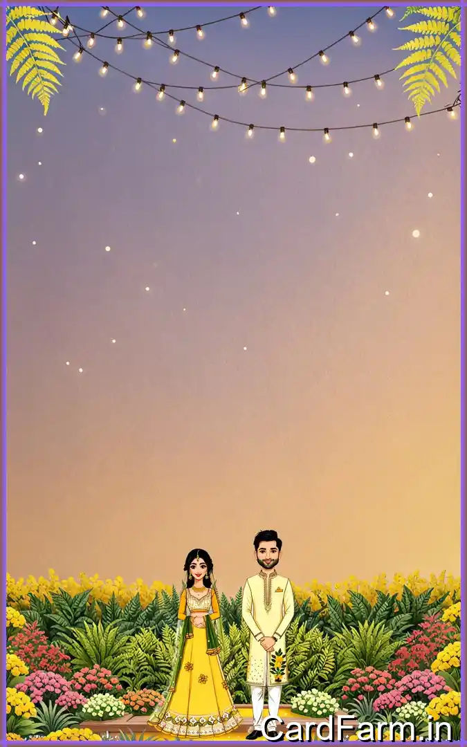 Haldi invitation card page for an Indian wedding with cartoon couple on a decorative background. In a vibrant style.