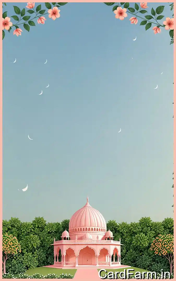 A beautifully designed Indian wedding invitation background with ferns, petals, fountains and decorative background. In a vibrant style.