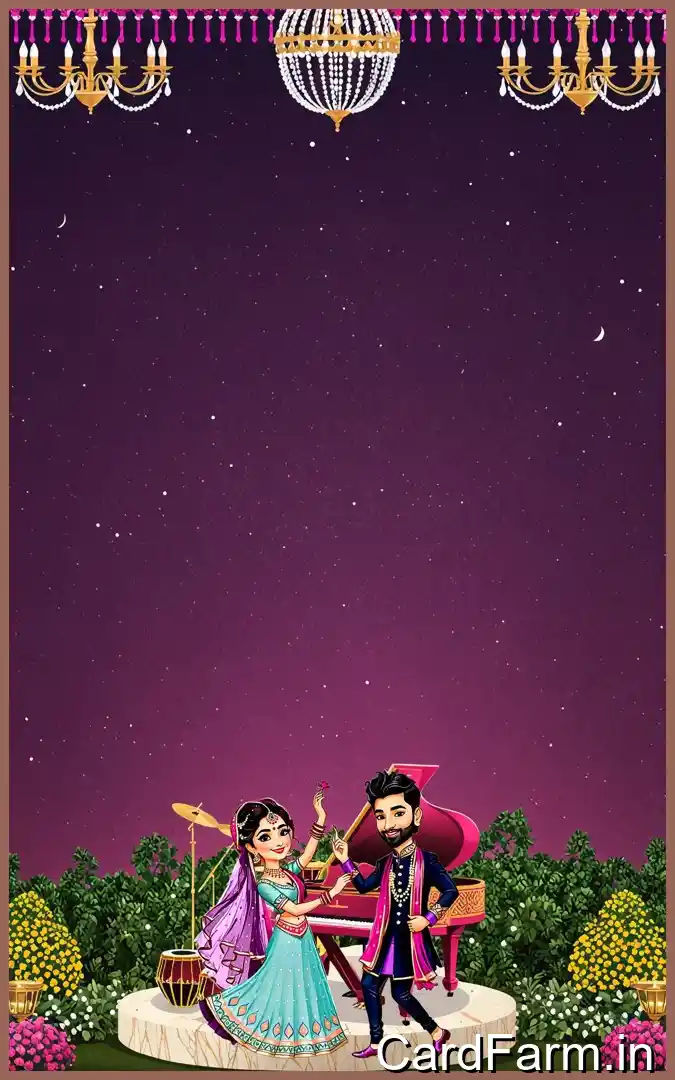 Sangeet ceremony invitation page with night time view with flowers, guitars, tablas on a beautiful starry background. In a vibrant style.