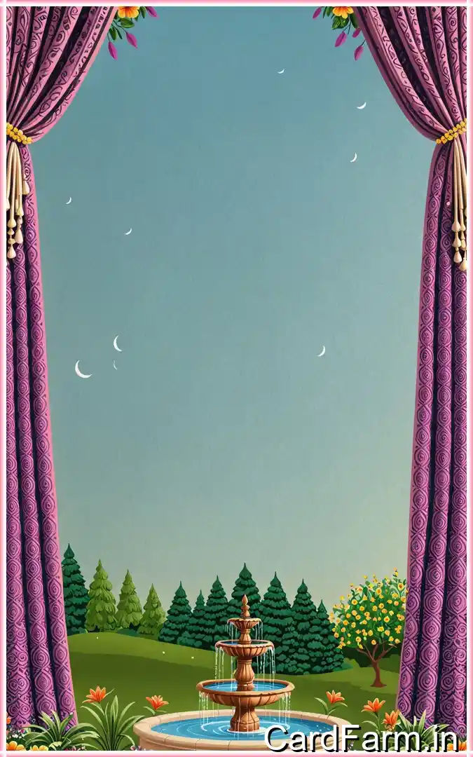 Beautifully designed caricature wedding invitation with archway, elephants, peacocks with a clear sky. In a vibrant style.