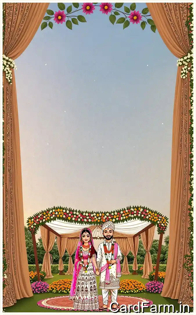A beautifully designed Indian wedding invitation background with flowers, lights, butterflies on a decorative background. In a vibrant style.