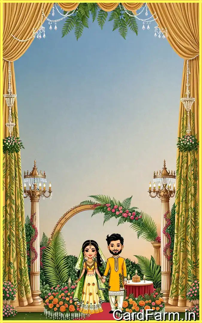 Haldi invitation card page for an Indian wedding with cartoon couple on a decorative background. In a vibrant style.
