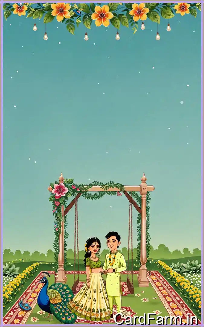 Haldi invitation card page for an Indian wedding with cartoon couple on a decorative background. In a vibrant style.