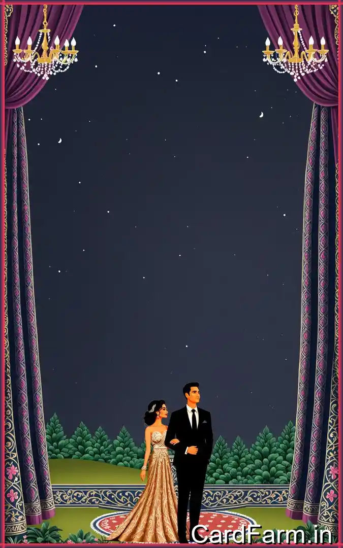 Wedding reception invitation card page of a wedding Invitation template. Night time view with flowers, lights, fountains, mountains on a decorative background. In a vibrant style.