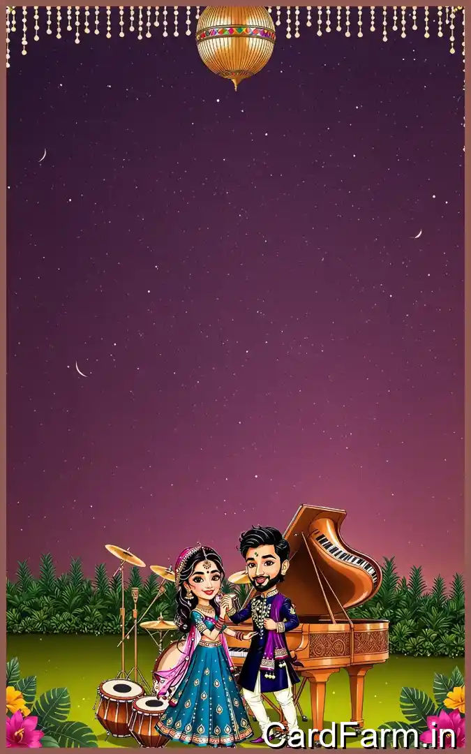 Sangeet ceremony invitation page with night time view with flowers, guitars, tablas on a beautiful starry background. In a vibrant style.