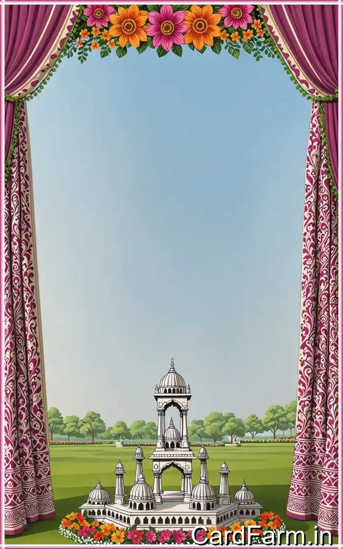 Beautifully designed caricature wedding invitation with archway, elephants, peacocks with a clear sky. In a vibrant style.