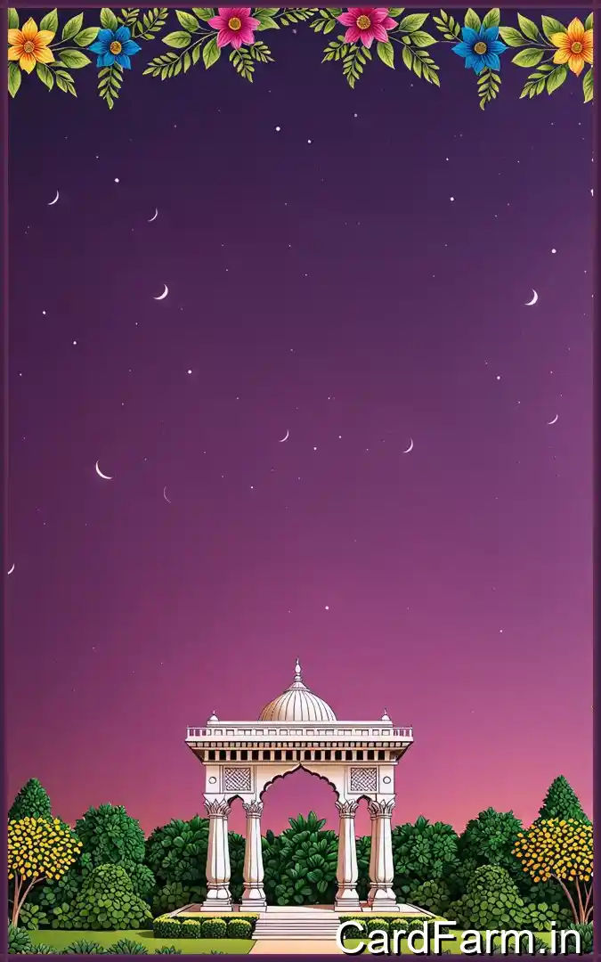 RSVP page of wedding invitation. Scenic background with flowers, butterflies, fountains, mountains with a clear sky. In a vibrant style.